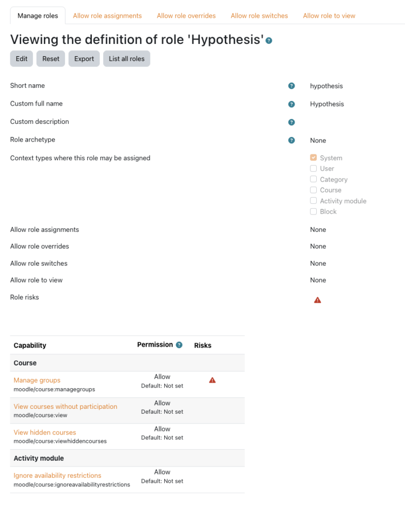 Image showing the define role page in Moodle